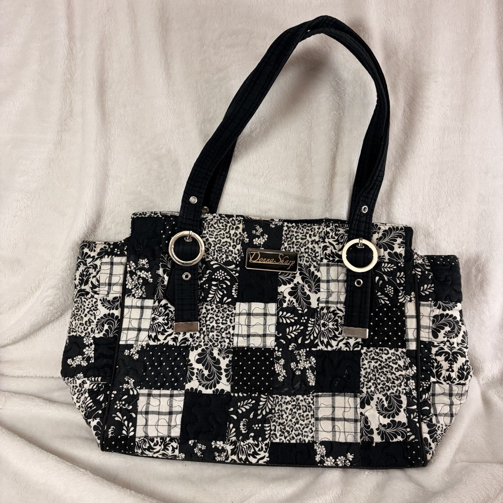 Donna Sharp Quilted Patchwork Handbag Black‎ White Paisley Hot Pink Lining Retro